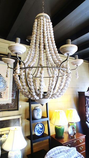 Coastal Farmhouse Boho Whitewashed Beaded Chandelier 6 Light