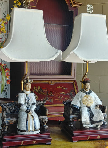 Vintage Chinoiserie Chinese Emperor & Empress Figural Table Lamps - A Pair