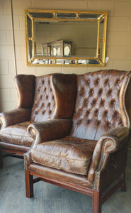 Classic Chesterfield Distressed Leather Wing Back Chairs - A Pair