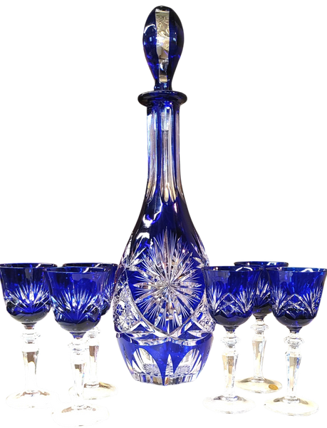 Nachtmann Bleinkristall Cobalt Cut to Clear Crystal Decanter Set - 7 pc