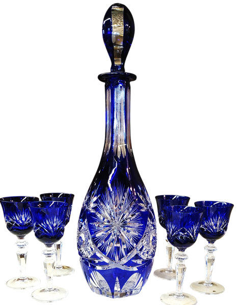 Nachtmann Bleinkristall Cobalt Cut to Clear Crystal Decanter Set - 7 pc