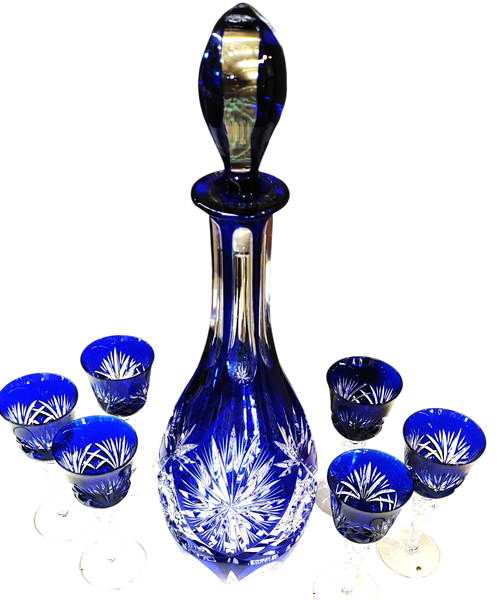 Nachtmann Bleinkristall Cobalt Cut to Clear Crystal Decanter Set - 7 pc