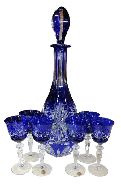 Nachtmann Bleinkristall Cobalt Cut to Clear Crystal Decanter Set - 7 pc