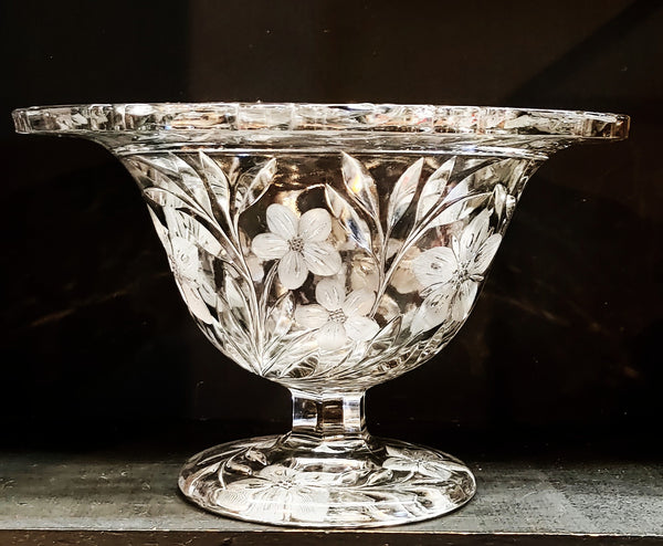 Antique Pedestal Bowl Etched Floral Early American Pressed Glass EAPG