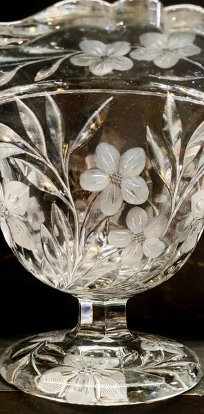 Antique Heavy Cut Glass Floral Pedestal Centerpiece Footed Bowl Compote Fruit Bowl