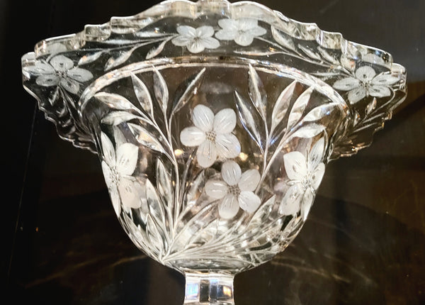 Antique Heavy Cut Glass Floral Pedestal Centerpiece Footed Bowl Compote Fruit Bowl