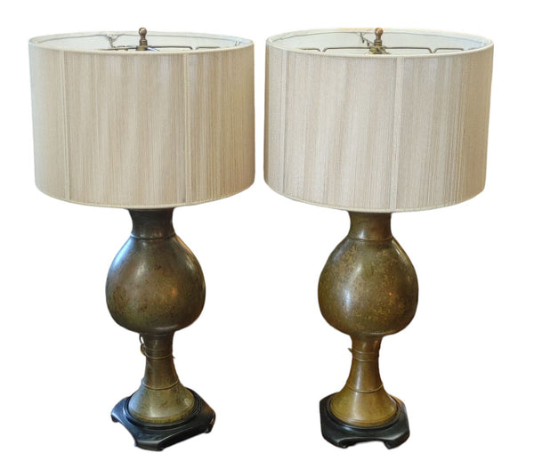 PAIR Vintage Brass Bronze Urn Style Lamps String Lamp Shades