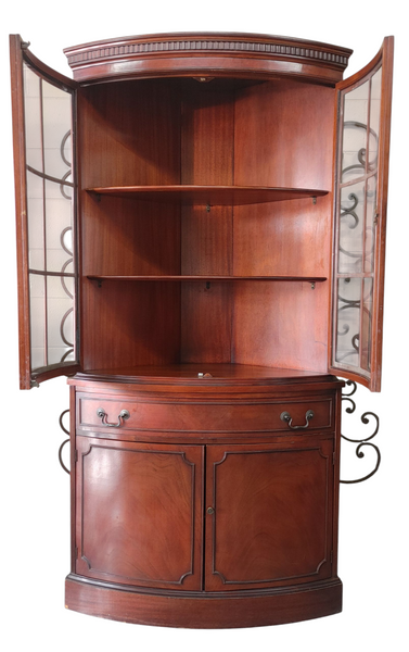 Vintage Bow Front Curved Glass Corner Cabinet