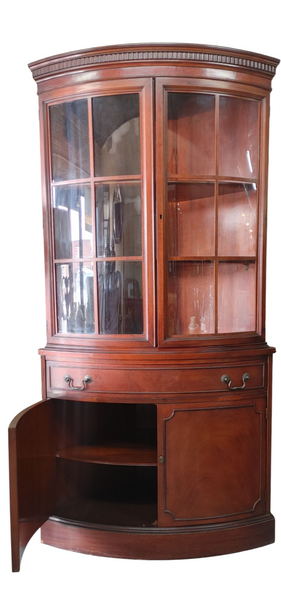 Vintage Bow Front Curved Glass Corner Cabinet