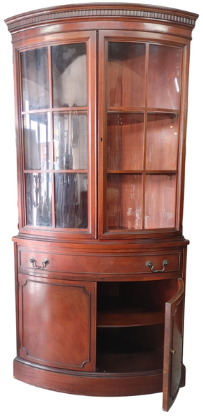 Vintage Bow Front Curved Glass Corner Cabinet