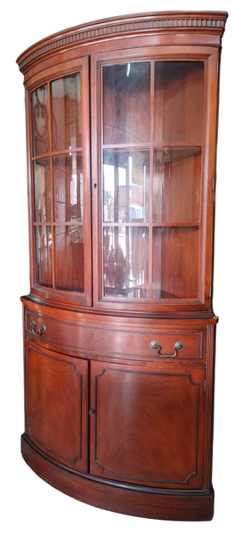 Vintage Bow Front Curved Glass Corner Cabinet