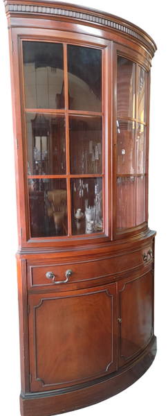 Vintage Bow Front Curved Glass Corner Cabinet