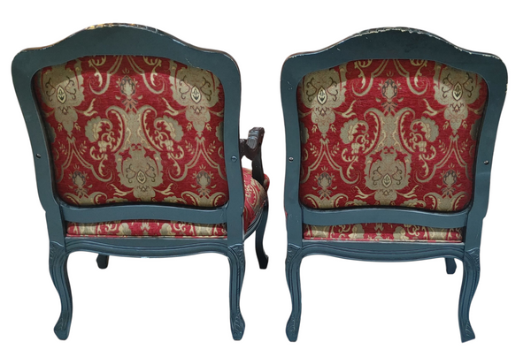 Set of 2 French Arm Chairs Louis XV Paisley Red -  Set of 2