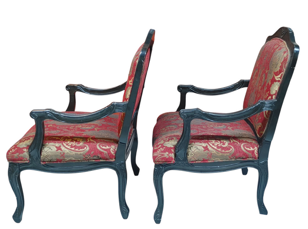 Set of 2 French Arm Chairs Louis XV Paisley Red -  Set of 2