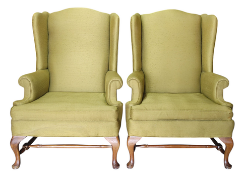 Vintage Queen Anne Wing Back Chair Custom Upholstery - Set of 2