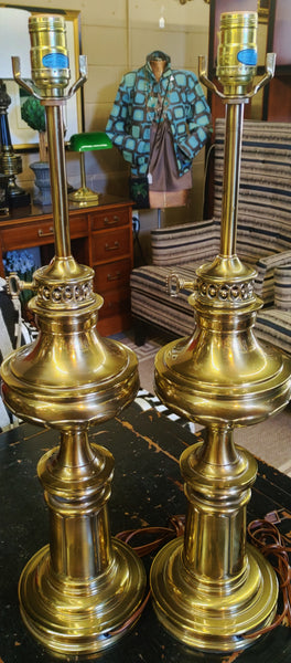 Vintage 1980s Stiffel Traditional Brass Column Table Lamps - A Pair