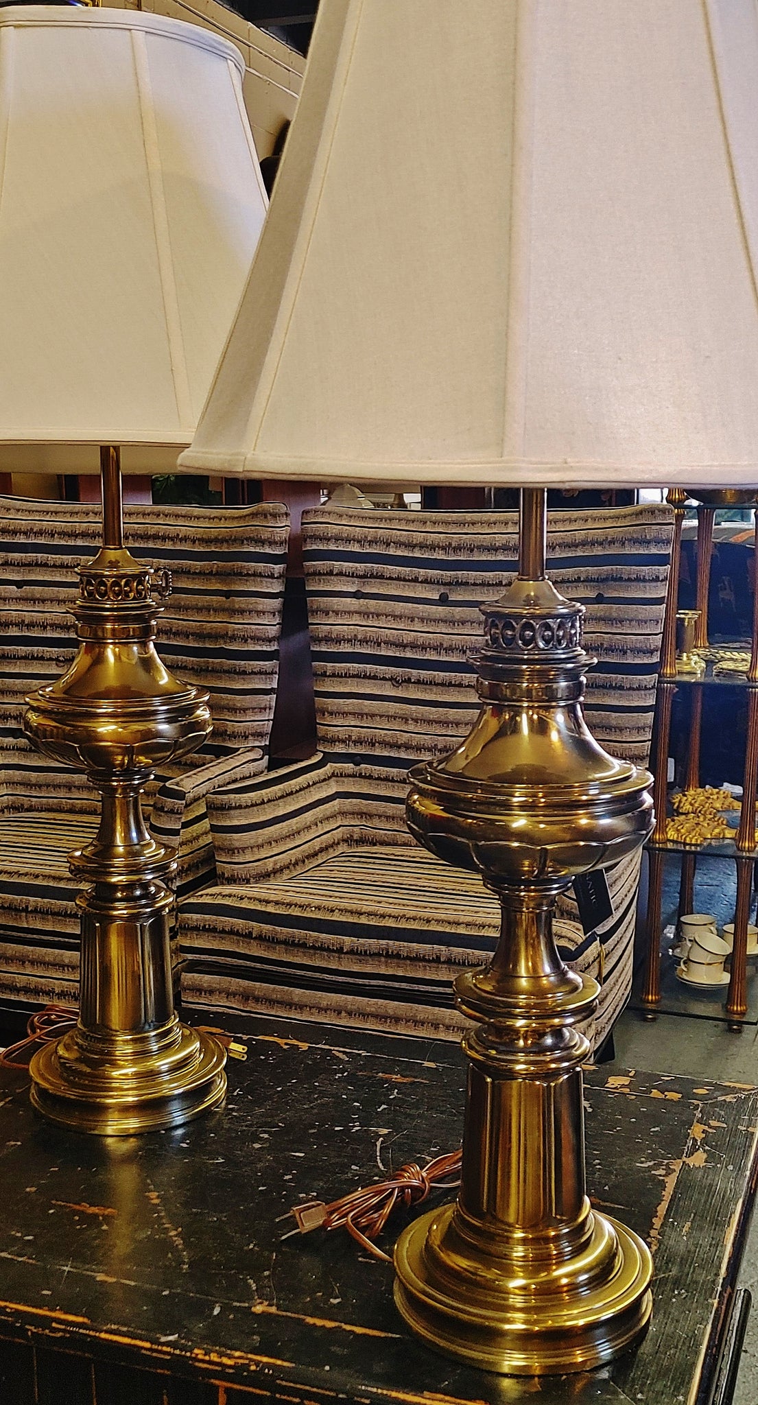 Vintage 1980s Stiffel Traditional Brass Column Table Lamps - A