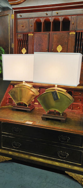 Designer Brass Asian Chinoiserie Fan Shaped Table Lamps - A Pair
