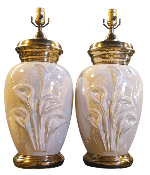 PAIR Vintage Calla Lily Brass Ceramic Lusterware Iridescent Table Lamps