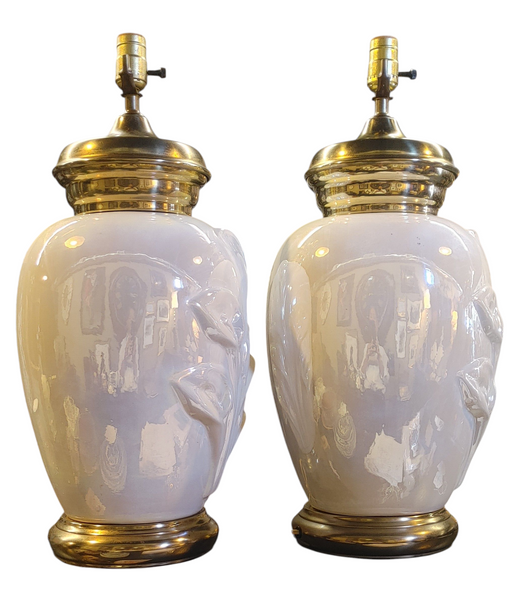 PAIR Vintage Calla Lily Brass Ceramic Lusterware Iridescent Table Lamps