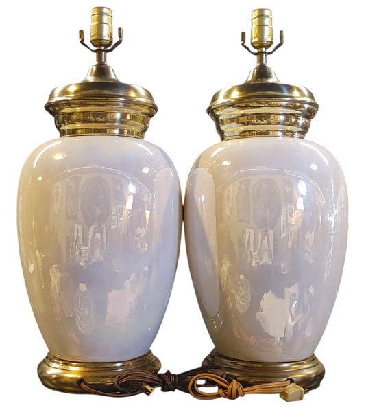 PAIR Vintage Calla Lily Brass Ceramic Lusterware Iridescent Table Lamps