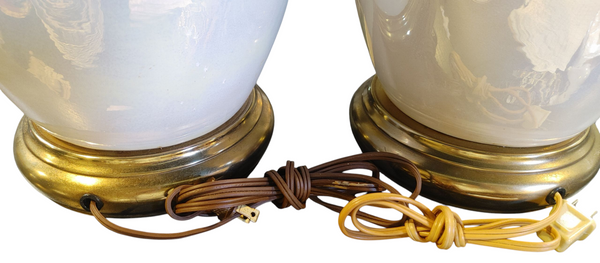 PAIR Vintage Calla Lily Brass Ceramic Lusterware Iridescent Table Lamps