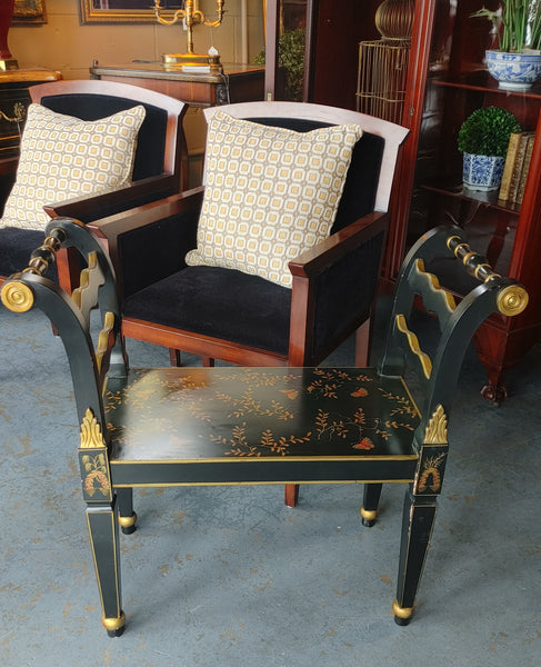 Chinoiserie Black Lacquered Wood Bench with Gold Floral Accents