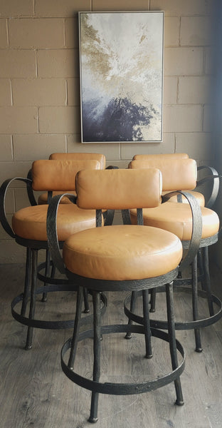Cedarvale Hand Forged Wrought Iron and Leather Counter Stools - Set of 5