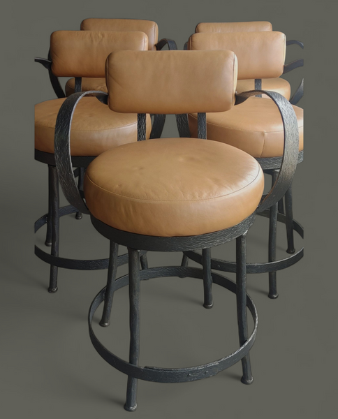 Cedarvale Hand Forged Wrought Iron and Leather Counter Stools - Set of 5