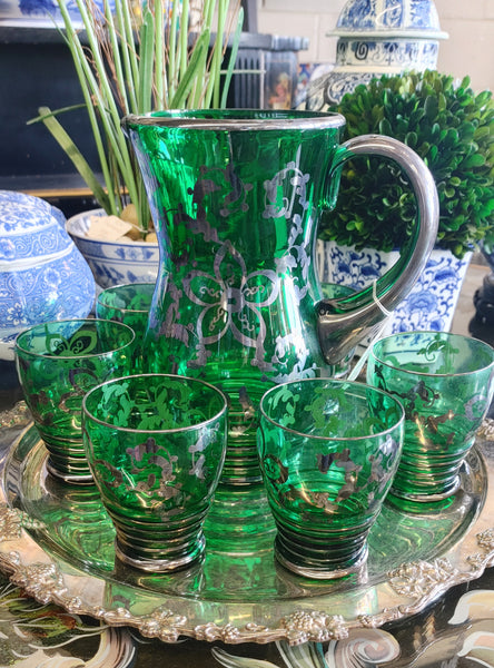 Mid-Century Italian Green Glass Beverage Drinkware Set Sterling Overlay