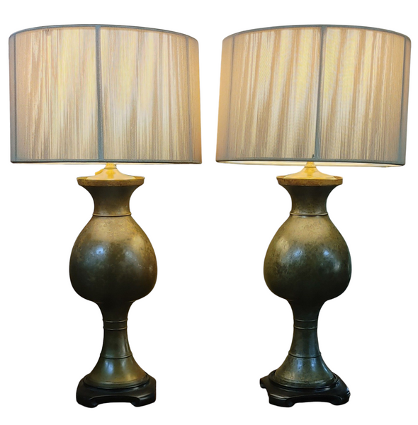 PAIR Vintage Brass Bronze Urn Style Lamps String Lamp Shades