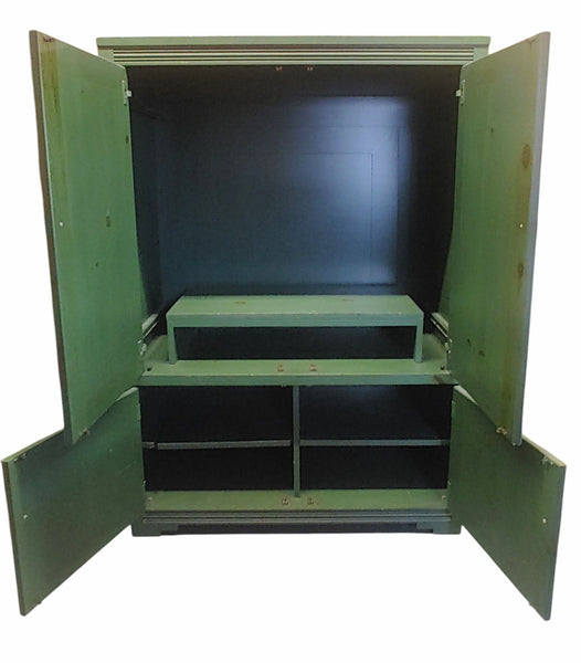 French Country Arts & Crafts Painted Wood Armoire Media Cabinet Pocket Doors