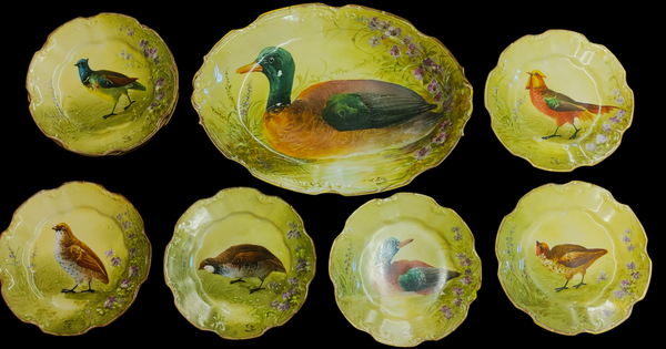 Antique French Limoges Porcelain Game Birds Platter and Plates - Set of 9
