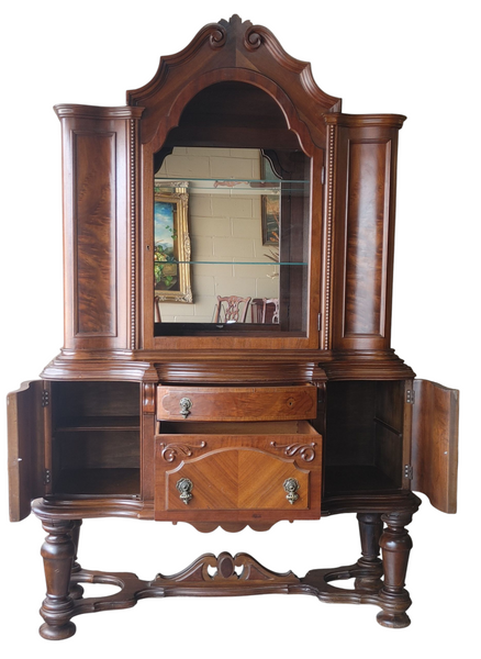 Antique French Style Burled Walnut China Cabinet