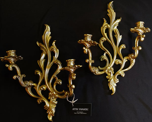 Vintage French Rococo Brass Candle Holder Sconces - A Pair