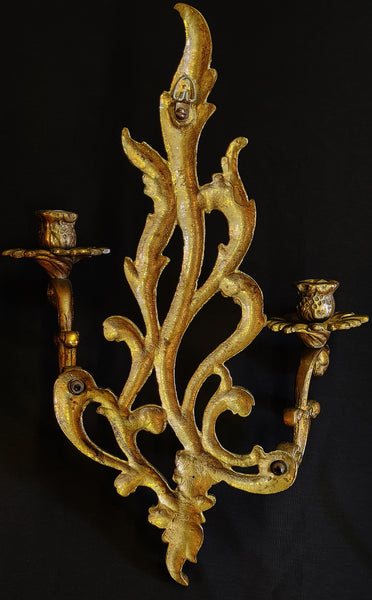 Vintage French Rococo Brass Candle Holder Sconces - A Pair