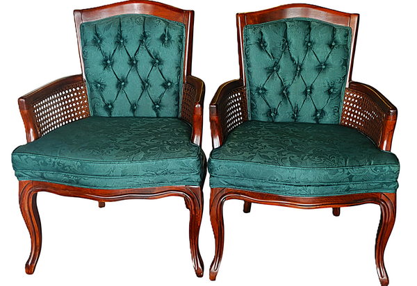 Mid Century French Provincial Cane Wood Damask Armchairs - A Pair