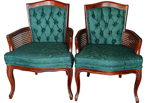 Mid Century French Provincial Cane Wood Damask Armchairs - A Pair