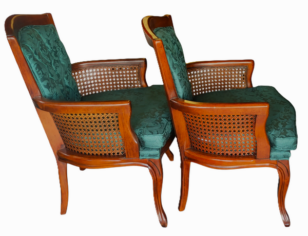 Mid Century French Provincial Cane Wood Damask Armchairs - A Pair