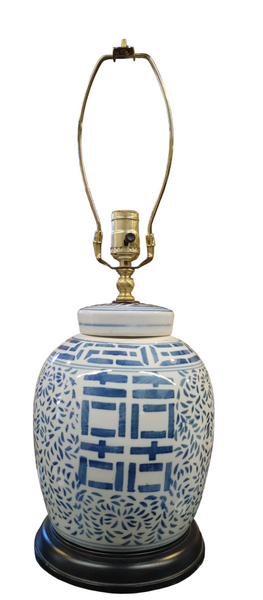 Chinese Blue White Mounted Ginger Jar Table Lamp Double Happiness