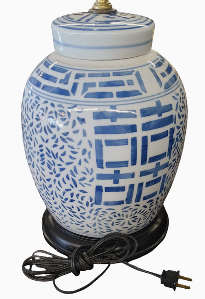 Chinese Blue White Mounted Ginger Jar Table Lamp Double Happiness