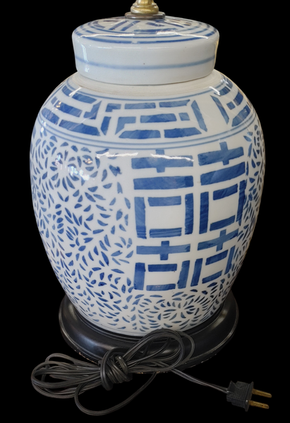 Chinese Blue White Mounted Ginger Jar Table Lamp Double Happiness