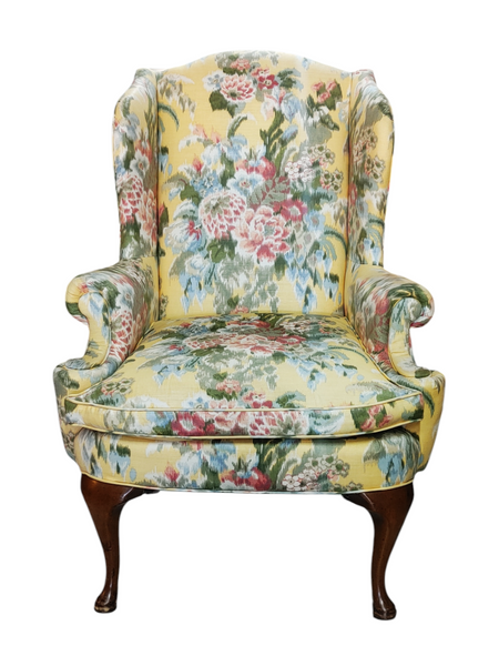 Traditional Queen Anne High Back Wing Chair Yellow Floral