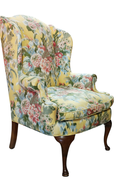 Traditional Queen Anne High Back Wing Chair Yellow Floral