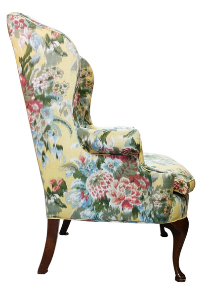 Traditional Queen Anne High Back Wing Chair Yellow Floral