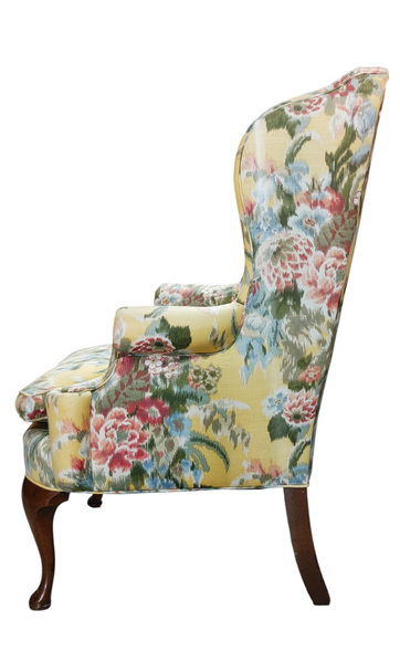 Traditional Queen Anne High Back Wing Chair Yellow Floral