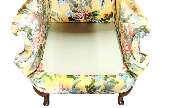 Traditional Queen Anne High Back Wing Chair Yellow Floral