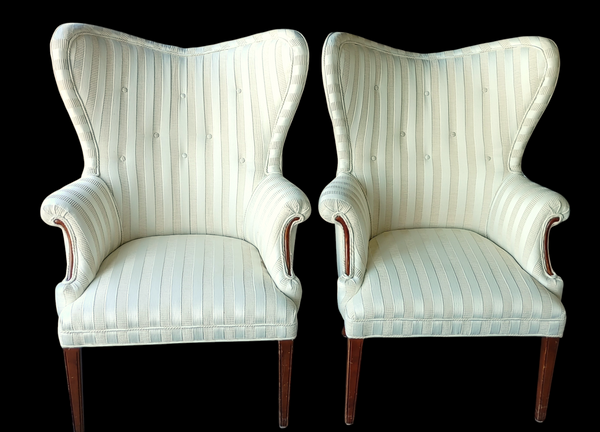 Vintage Mahogany Butterfly Wing Back Chairs Nuetral Cream Upholstery - A Pair