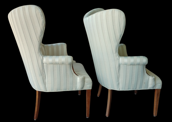 Vintage Mahogany Butterfly Wing Back Chairs Nuetral Cream Upholstery - A Pair