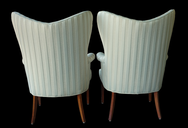 Vintage Mahogany Butterfly Wing Back Chairs Nuetral Cream Upholstery - A Pair